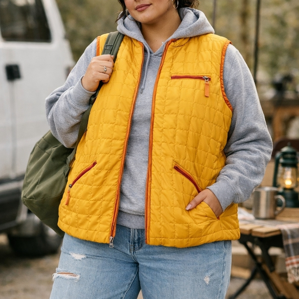 Quilted Puffer Vest Indie Grunge Cozycore Yellow Orange Zip Front Christopher XL